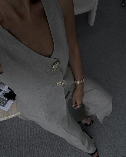 Solid Color Elegant Sleeveless Vest & Suit Pants Two-Piece Set
