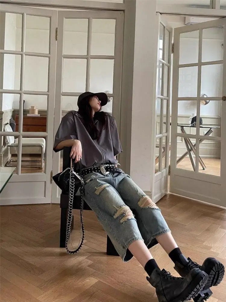 Fashionable Ripped Waistband Loose Jeans Cropped Trousers
