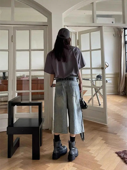 Fashionable Ripped Waistband Loose Jeans Cropped Trousers