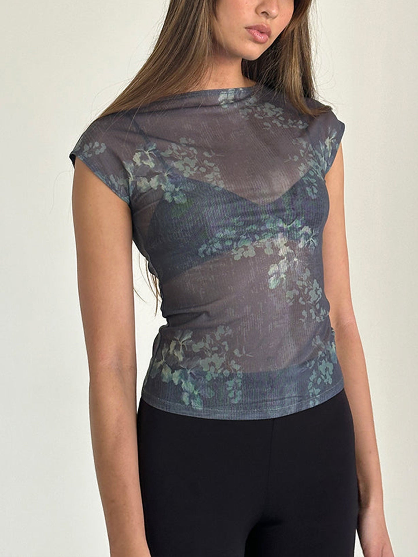 Women's Faded Botanical Print Mesh T-shirt