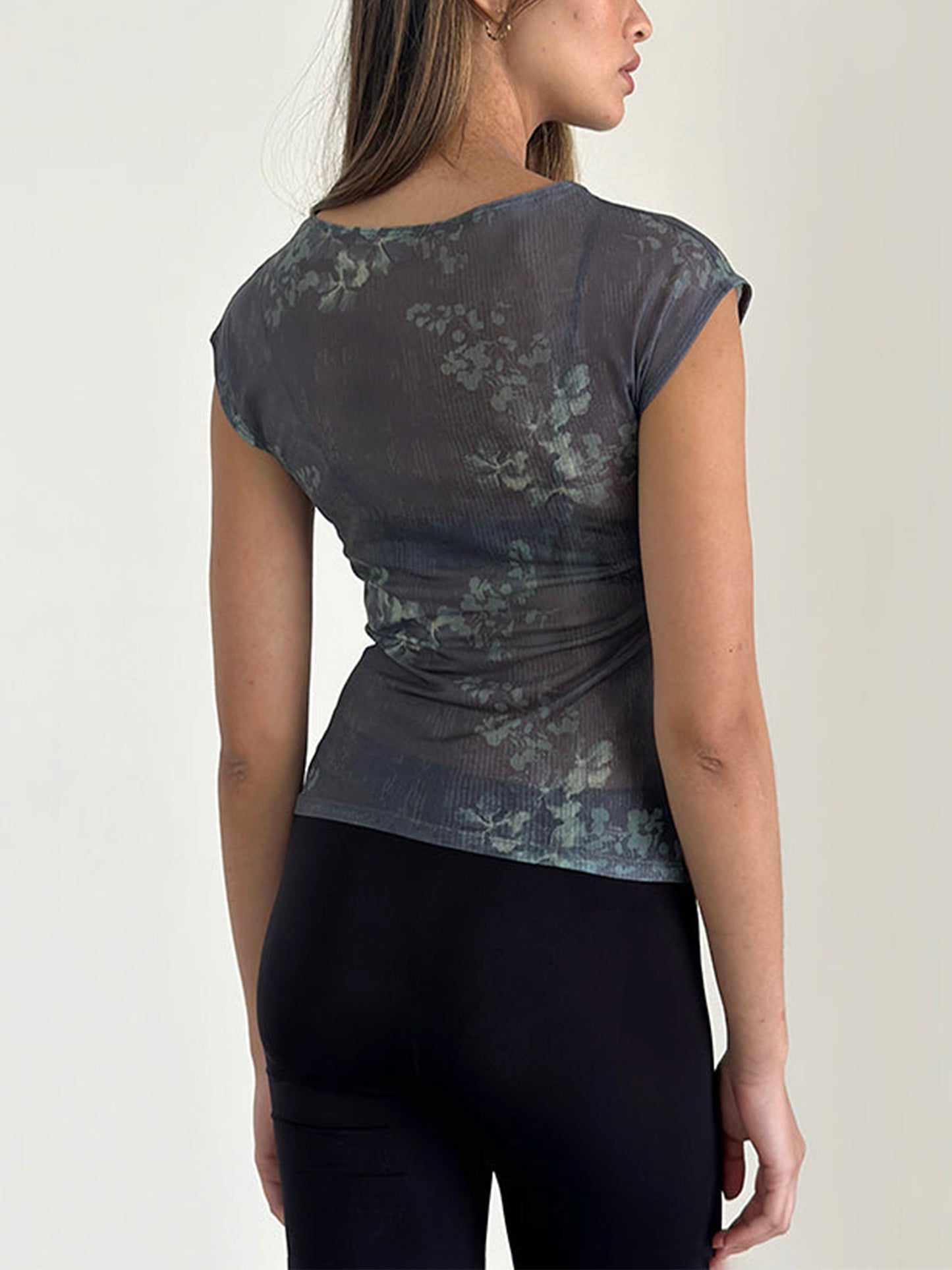 Women's Faded Botanical Print Mesh T-shirt