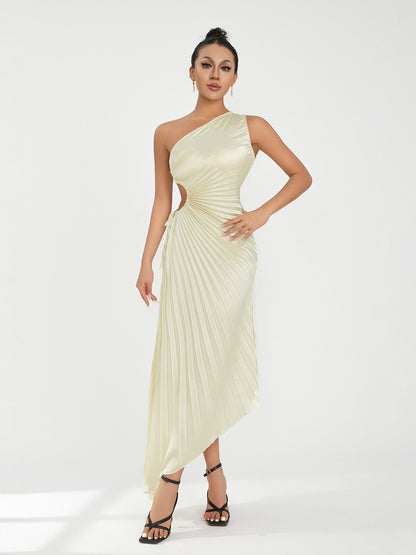 Women Long Dress, One-shoulder Pleated Hollowed Irregular Dress