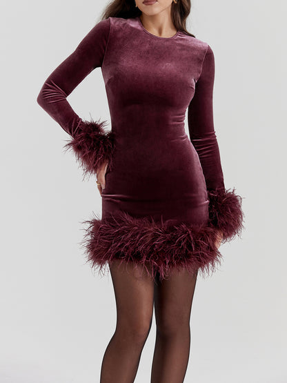 Women Bodycon Dress, Long Sleeve Feather Patchwork Slim Mini Dress