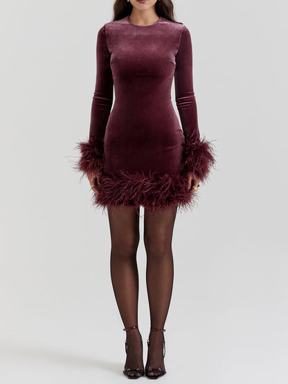 Women Bodycon Dress, Long Sleeve Feather Patchwork Slim Mini Dress