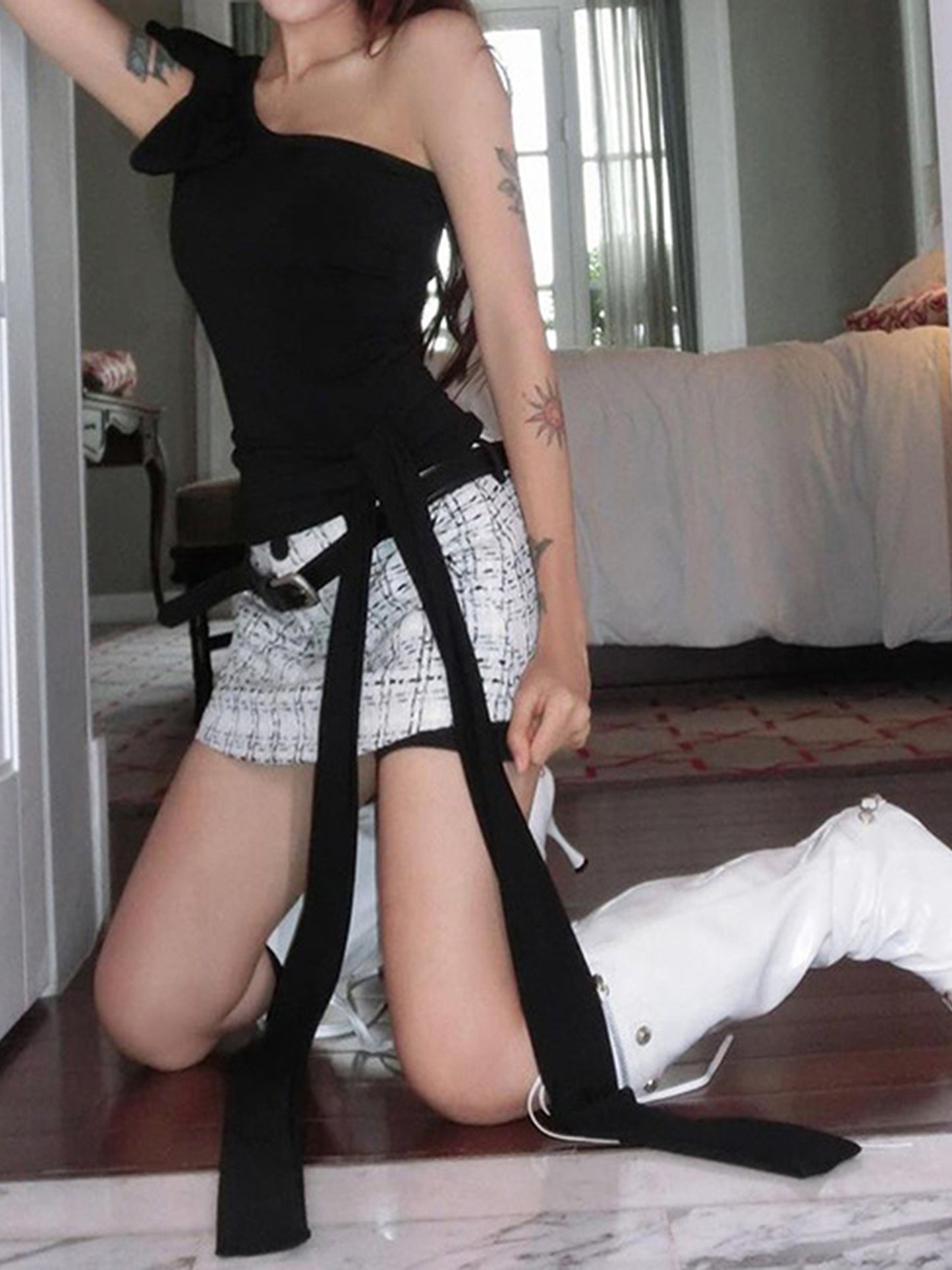 Women's Solid Color Sleeveless One Shoulder Bow Bandage Vest