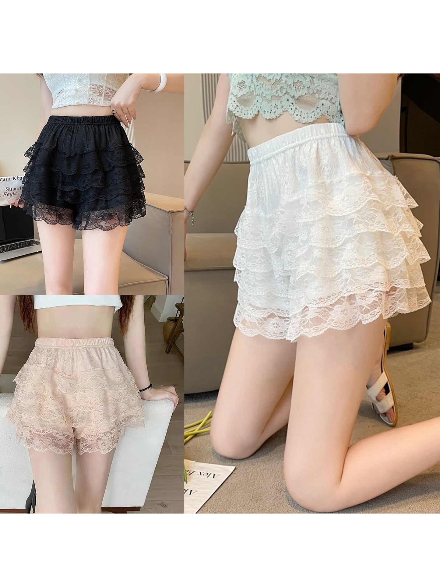 Women's Layered Ruffle Shorts Casual Elastic Waist Lace Bloomers