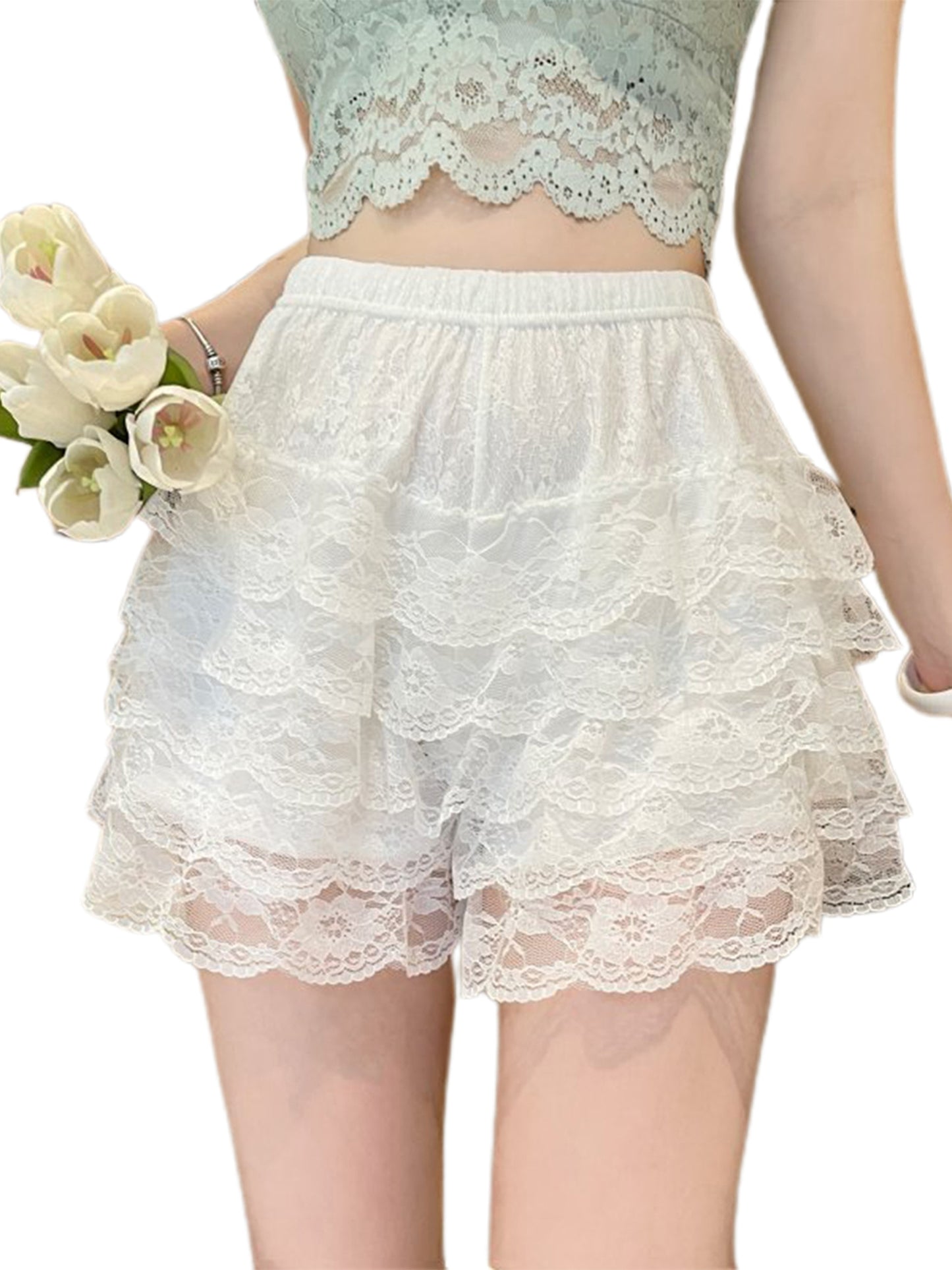 Women's Layered Ruffle Shorts Casual Elastic Waist Lace Bloomers