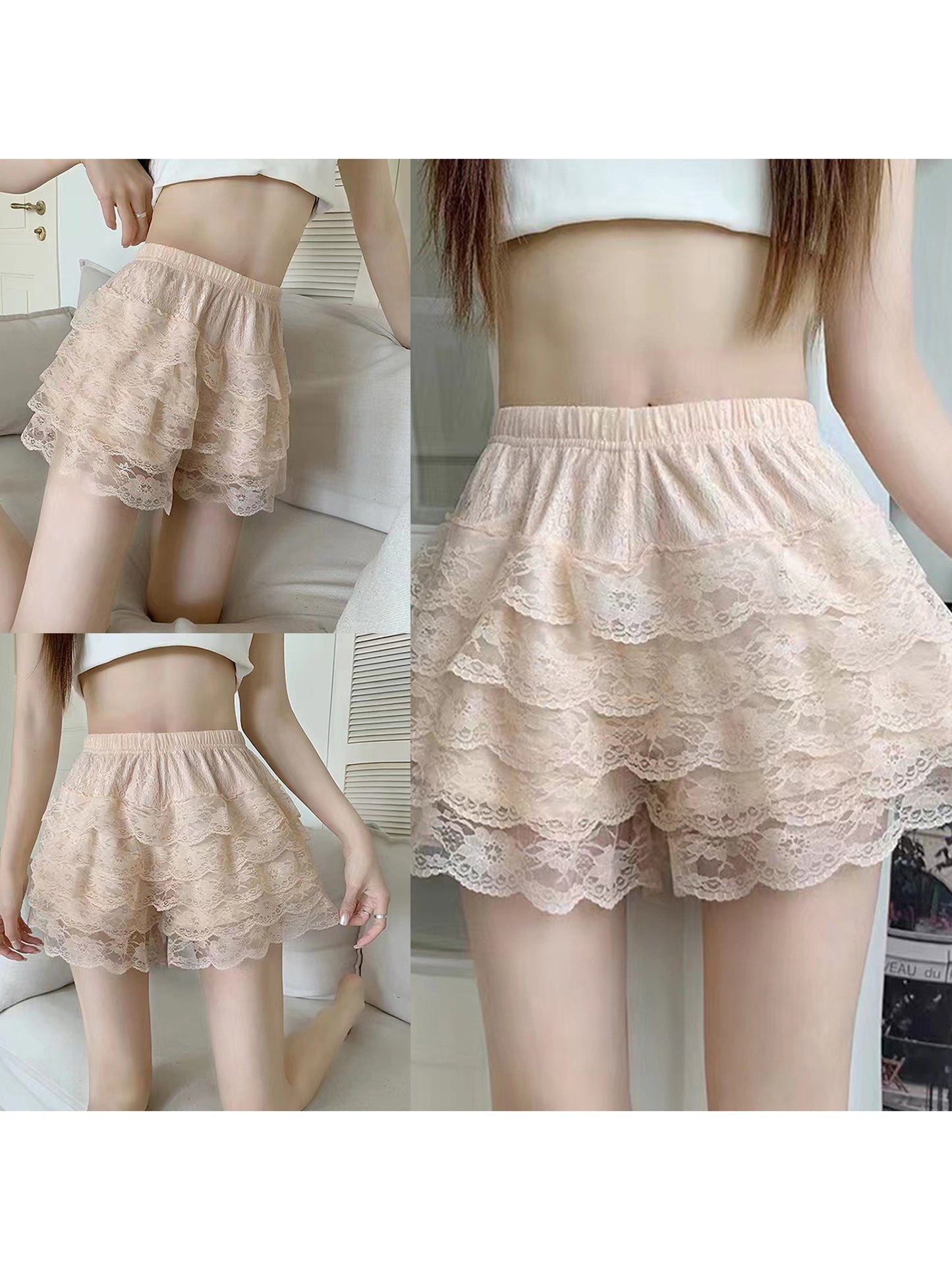 Women's Layered Ruffle Shorts Casual Elastic Waist Lace Bloomers