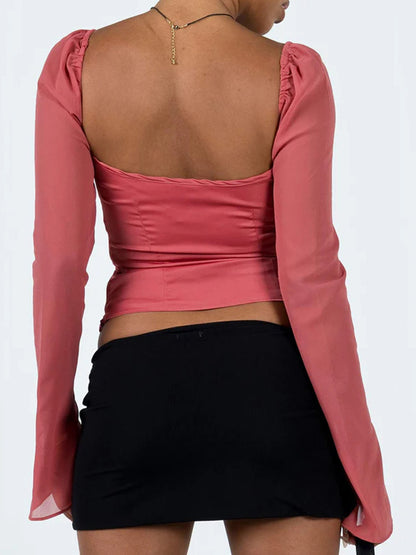 Women's Low Back Twisted Chest Crop Satin Long Sleeve Top