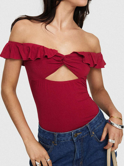 Women's Off Shoulder Solid Color Twist Cutout Front Cropped Top