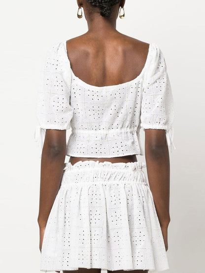 Women's Short Sleeve Eyelet Tie-Up Square Neck Crop Shirt