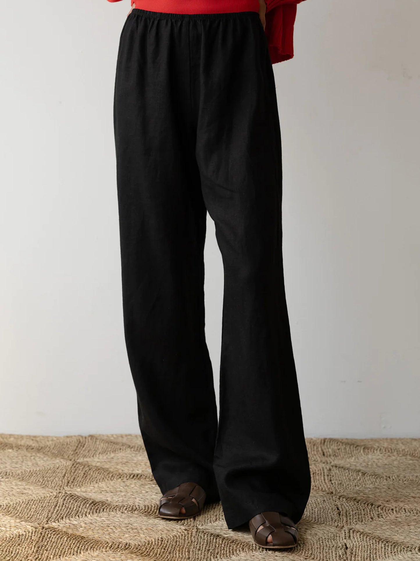 Womens Pants Elastic Waistband Solid Color Wide Leg Loose Trousers