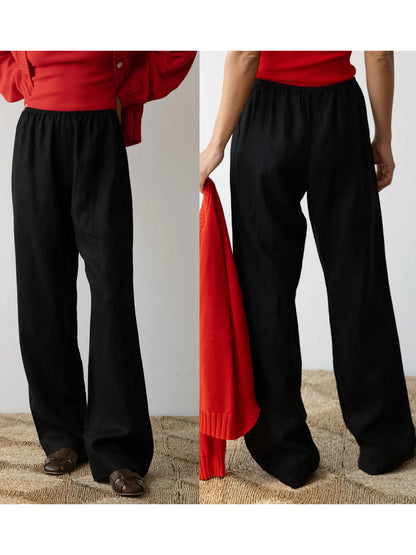 Womens Pants Elastic Waistband Solid Color Wide Leg Loose Trousers