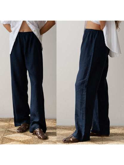 Womens Pants Elastic Waistband Solid Color Wide Leg Loose Trousers