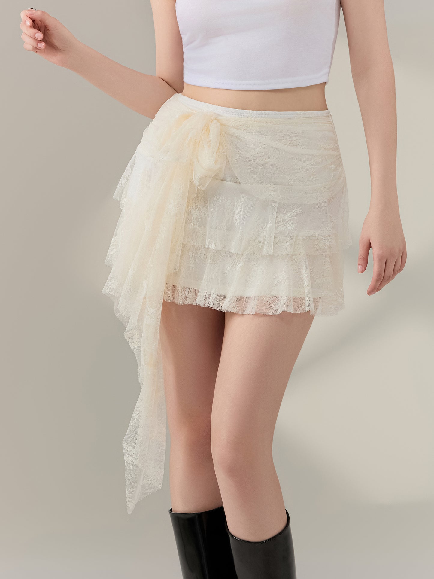 Women's Lace Casual Summer Tie Front Layered Ruffle Skirt