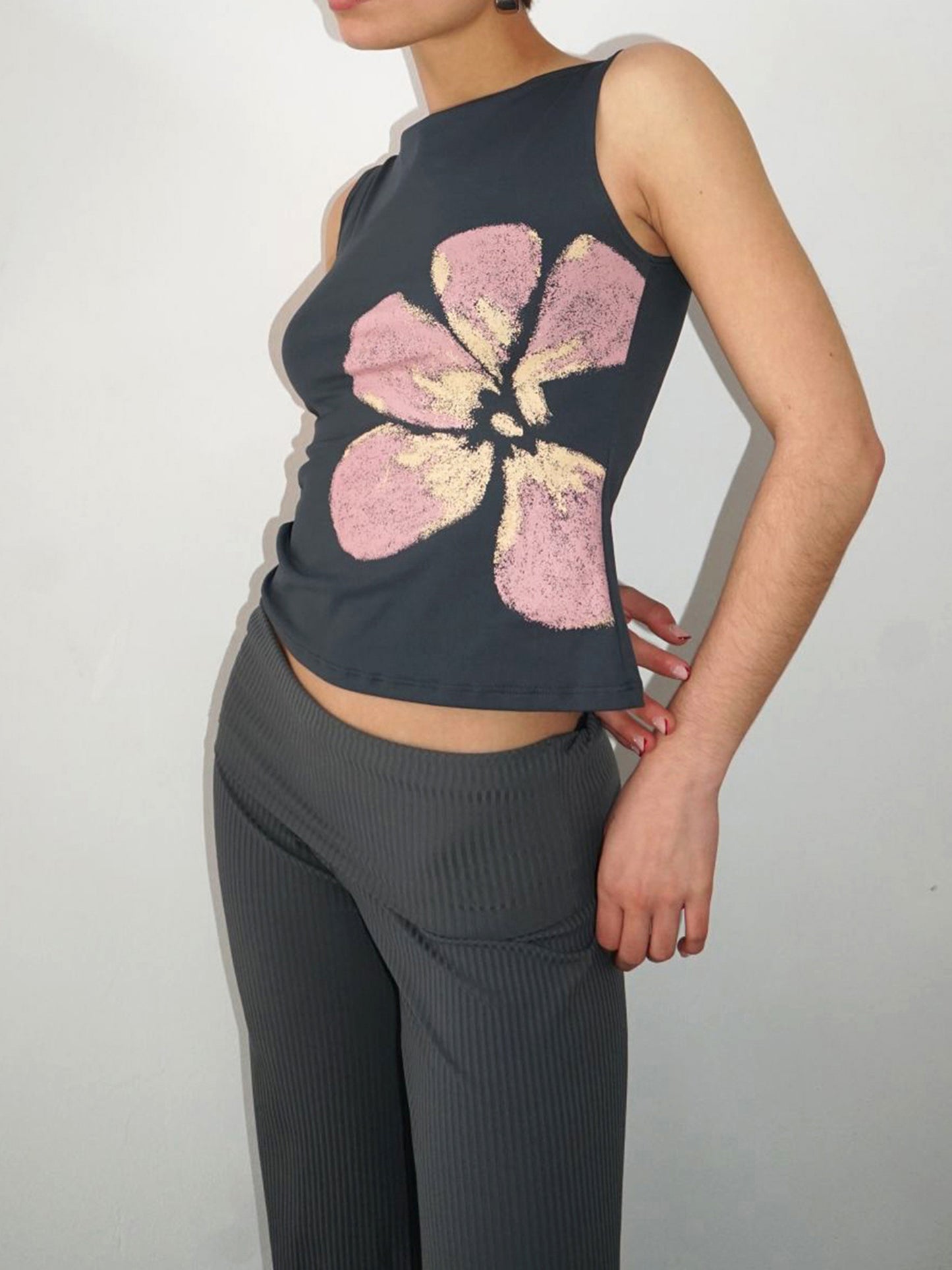 Womens Crop Tank Tops Fitted Flower Print Boat Neck Sleeveless Tops