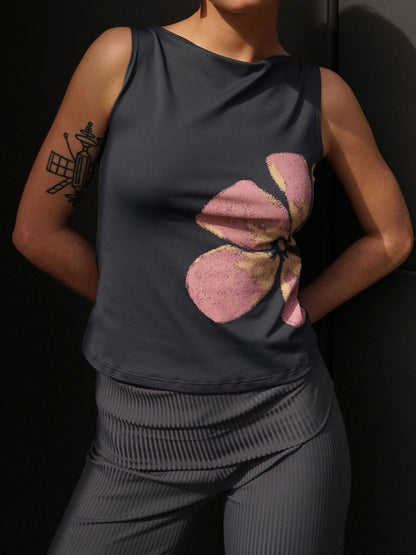Womens Crop Tank Tops Fitted Flower Print Boat Neck Sleeveless Tops