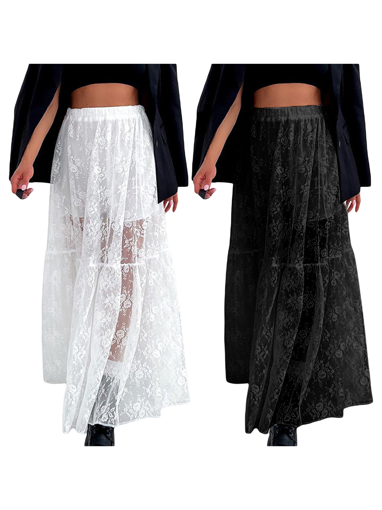Women See-Through Lace A-Line Skirts Elastic Waist Long Skirt
