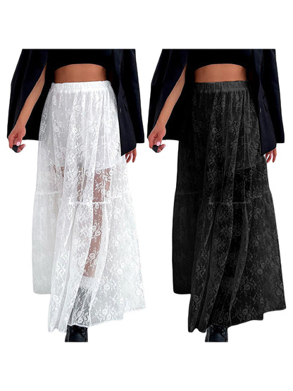 Women See-Through Lace A-Line Skirts Elastic Waist Long Skirt