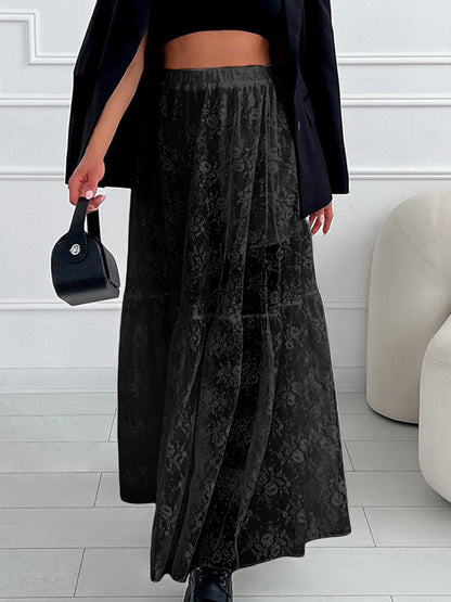 Women See-Through Lace A-Line Skirts Elastic Waist Long Skirt