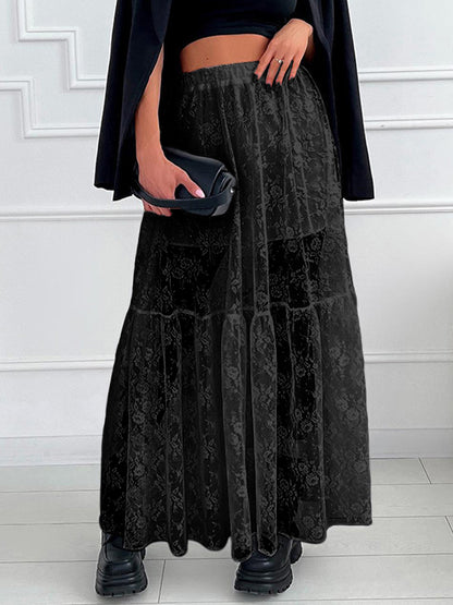 Women See-Through Lace A-Line Skirts Elastic Waist Long Skirt