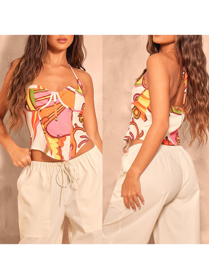Women's Slim Corset Tops Floral Printed Halter Neck Crop Vest