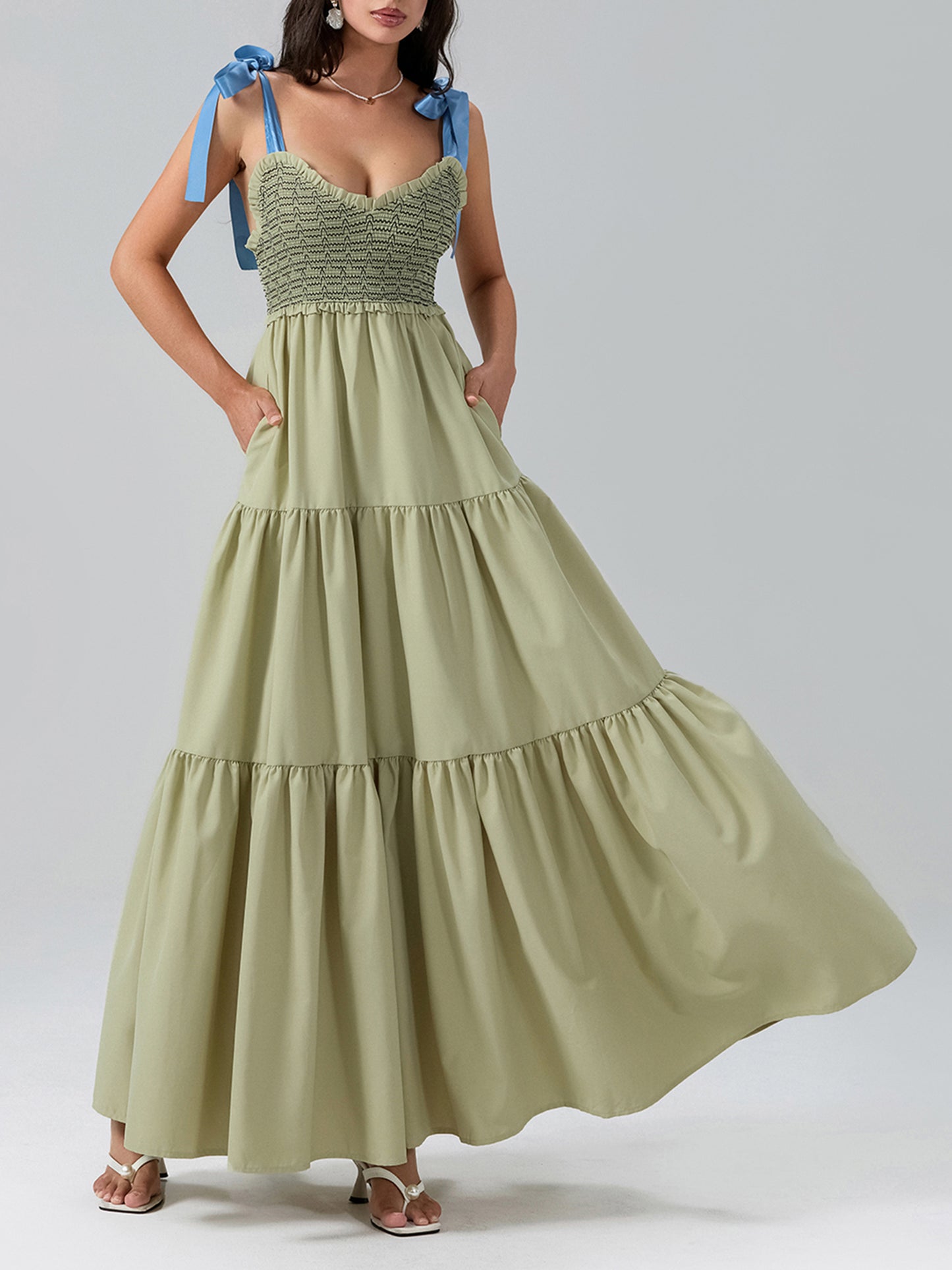 Women's Tie Shoulder Strap Dress Line Pattern V-Neck Long Dress