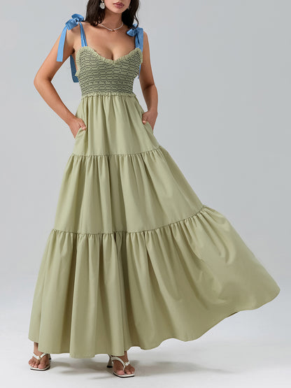 Women's Tie Shoulder Strap Dress Line Pattern V-Neck Long Dress
