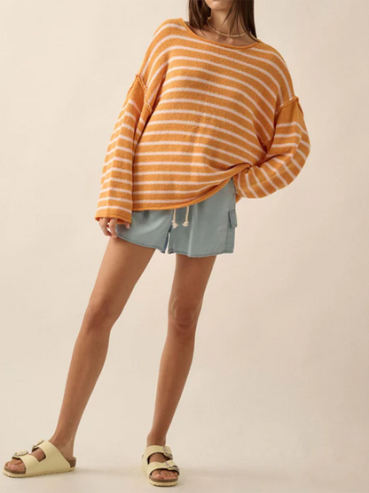 Women Loose Sweater Stripe Long Sleeve Round Neck Pullovers Tops