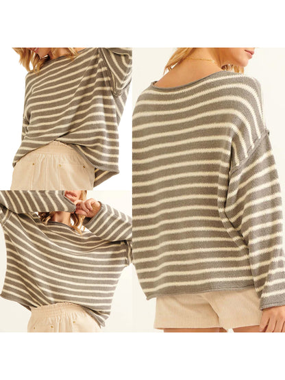 Women Loose Sweater Stripe Long Sleeve Round Neck Pullovers Tops