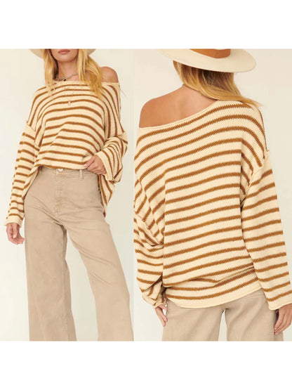 Women Loose Sweater Stripe Long Sleeve Round Neck Pullovers Tops