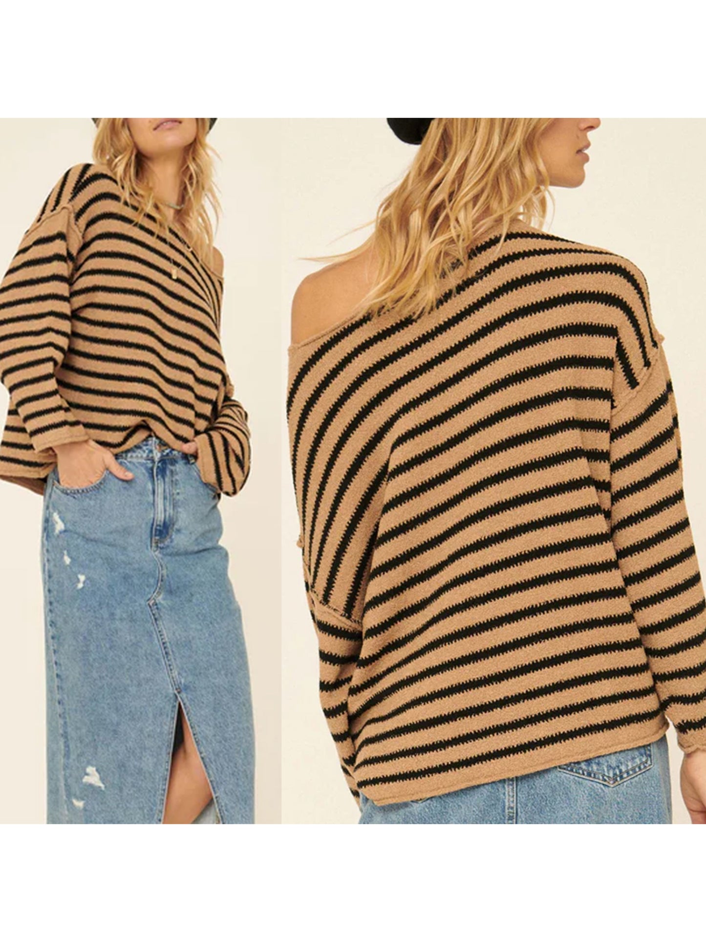 Women Loose Sweater Stripe Long Sleeve Round Neck Pullovers Tops