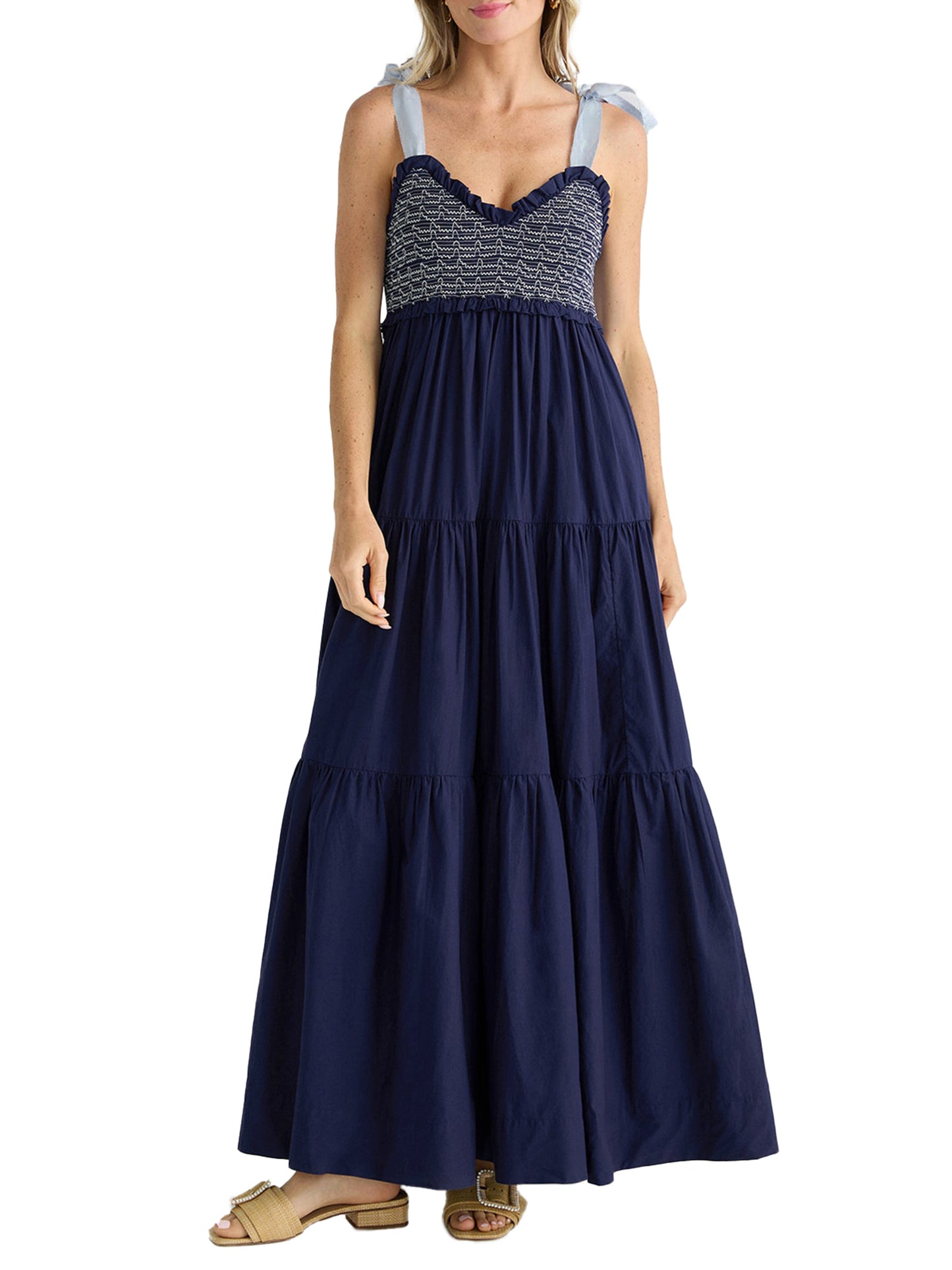 Women's Tie Shoulder Strap Dress Line Pattern V-Neck Long Dress
