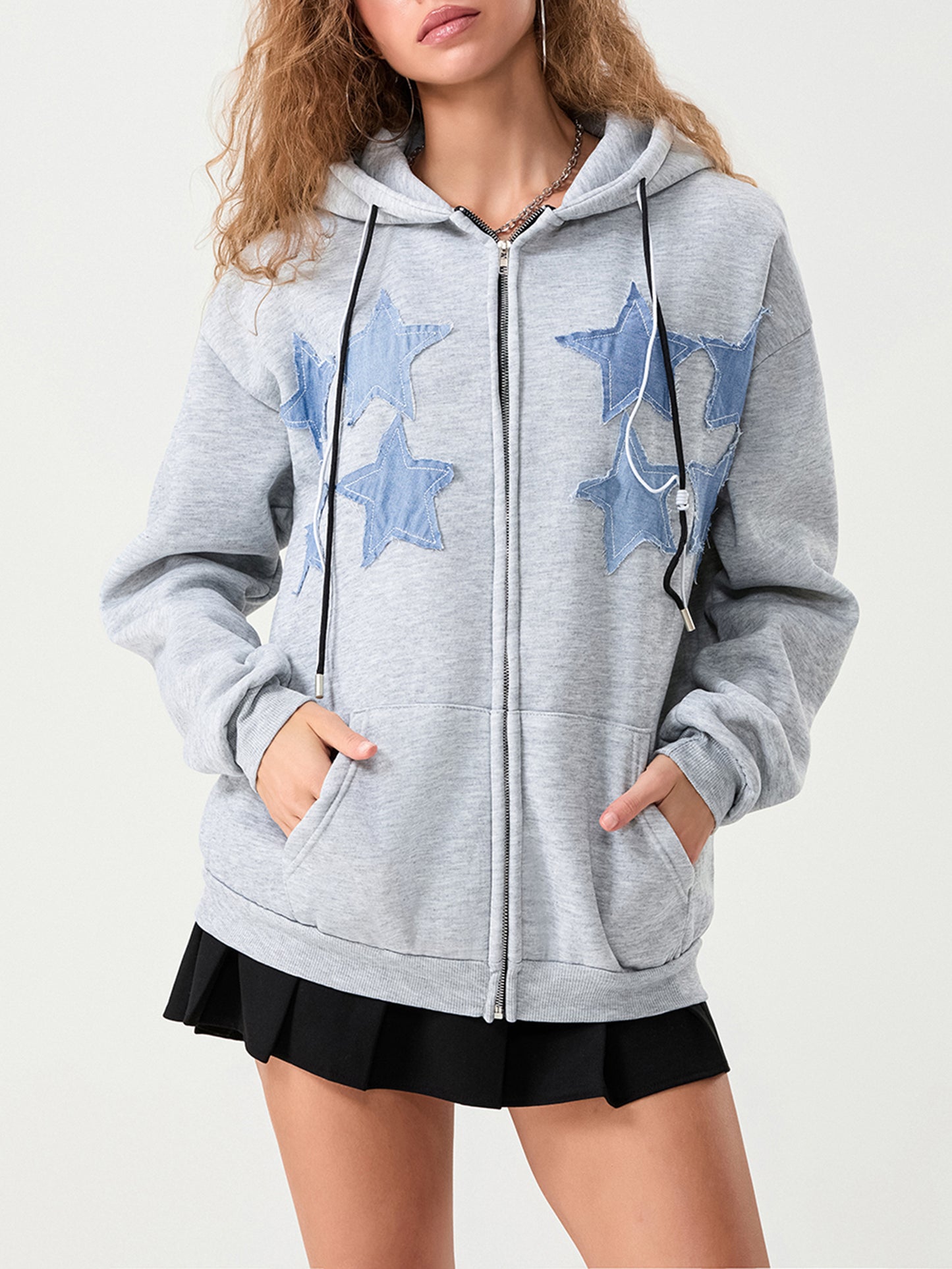 Womens Zip Up Hoodie Star Patch Long Sleeve Hooded Jacket with Pocket
