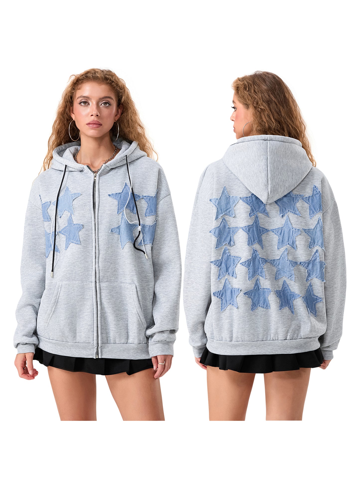 Womens Zip Up Hoodie Star Patch Long Sleeve Hooded Jacket with Pocket