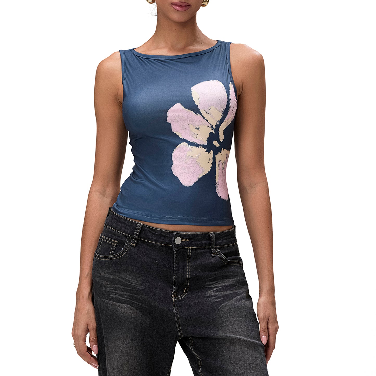 Womens Crop Tank Tops Fitted Flower Print Boat Neck Sleeveless Tops