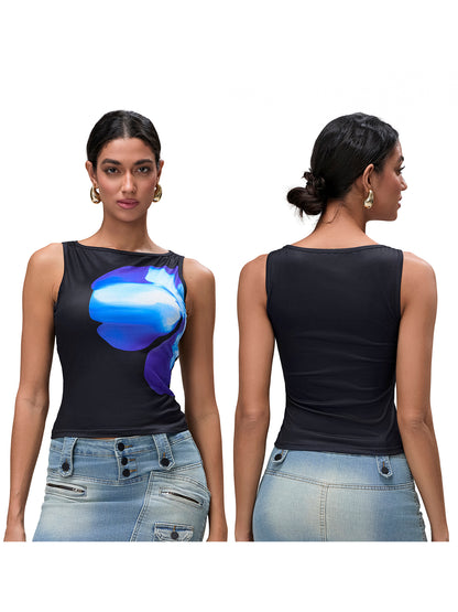 Womens Crop Tank Tops Fitted Flower Print Boat Neck Sleeveless Tops