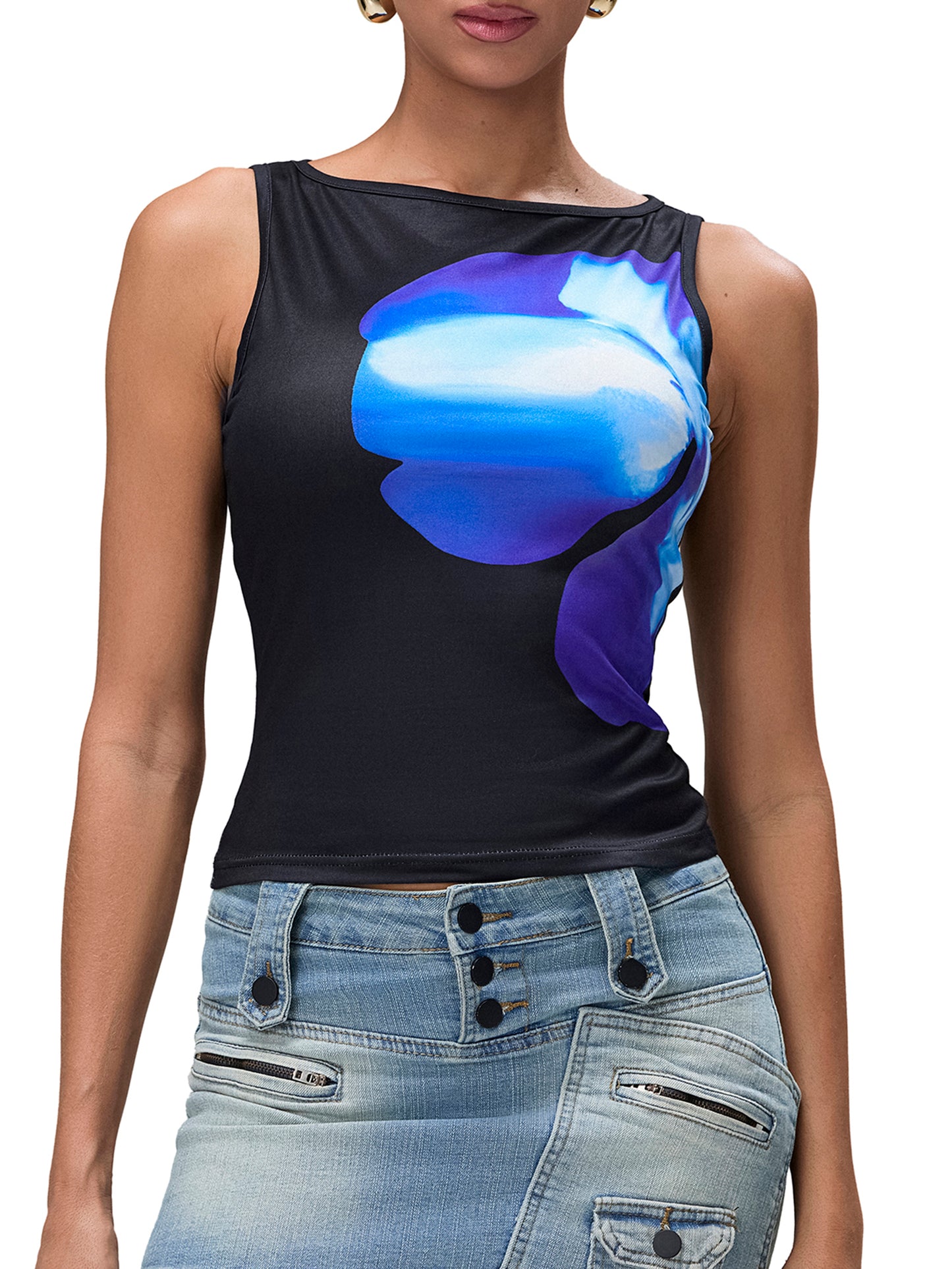 Womens Crop Tank Tops Fitted Flower Print Boat Neck Sleeveless Tops