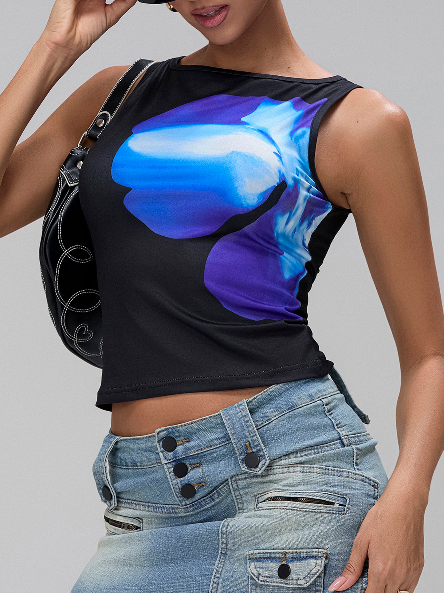 Womens Crop Tank Tops Fitted Flower Print Boat Neck Sleeveless Tops