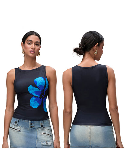 Womens Crop Tank Tops Fitted Flower Print Boat Neck Sleeveless Tops