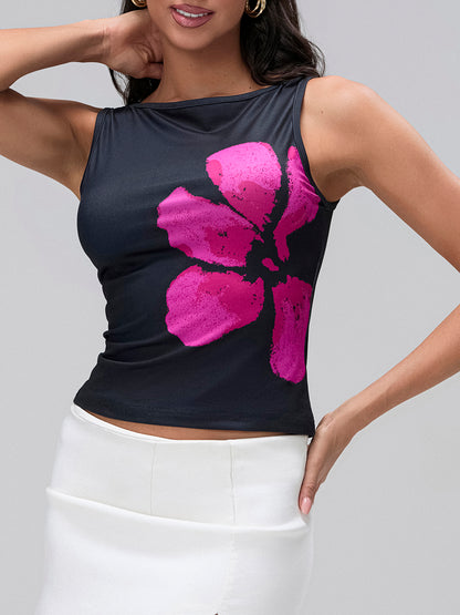 Womens Crop Tank Tops Fitted Flower Print Boat Neck Sleeveless Tops
