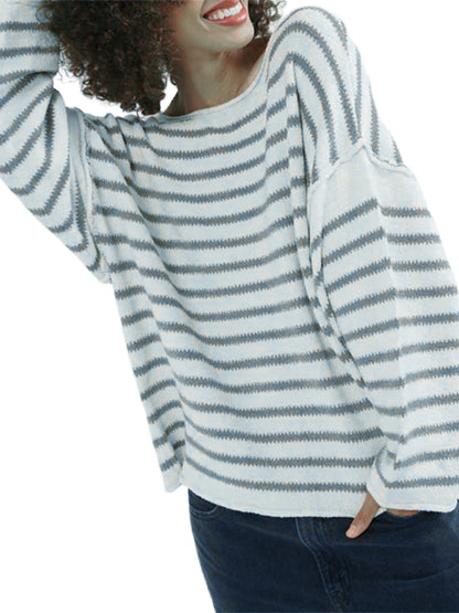 Women Loose Sweater Stripe Long Sleeve Round Neck Pullovers Tops