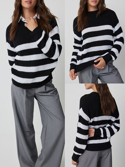 Women Comfy Sweaters Casual Striped Print Warm Long Sleeve Pullover