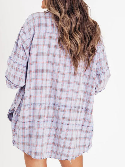 Women Long Sleeve Button-down Loose Fall Plaid Shirt