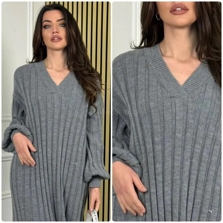 Knitted V - Neck Long Ribbed Double Slit Dress