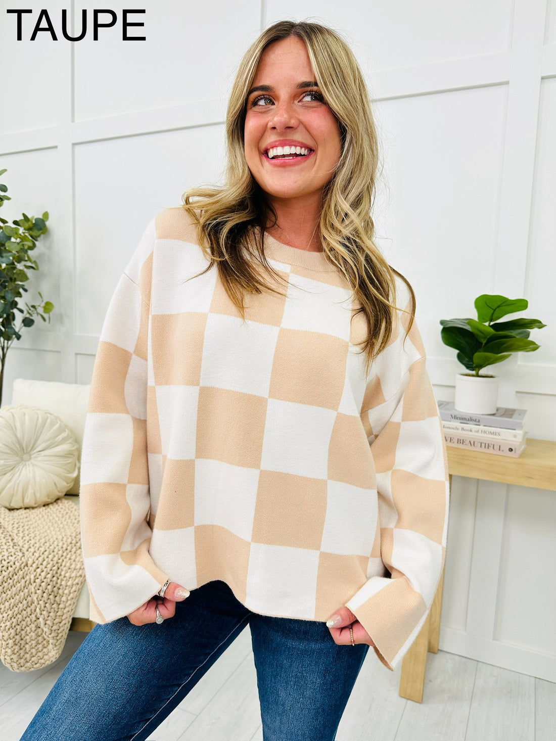 New Women's Loose Sweater Checkerboard Print Long Sleeve Pullover