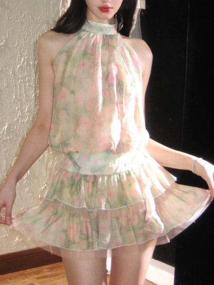 Gentle Style Dreamy Floral Design Sleeveless Halter Neck Chiffon Vest Dress