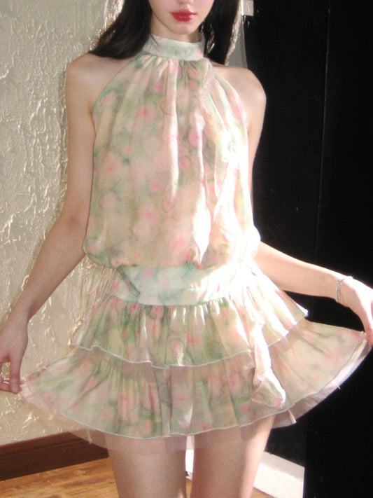 Gentle Style Dreamy Floral Design Sleeveless Halter Neck Chiffon Vest Dress
