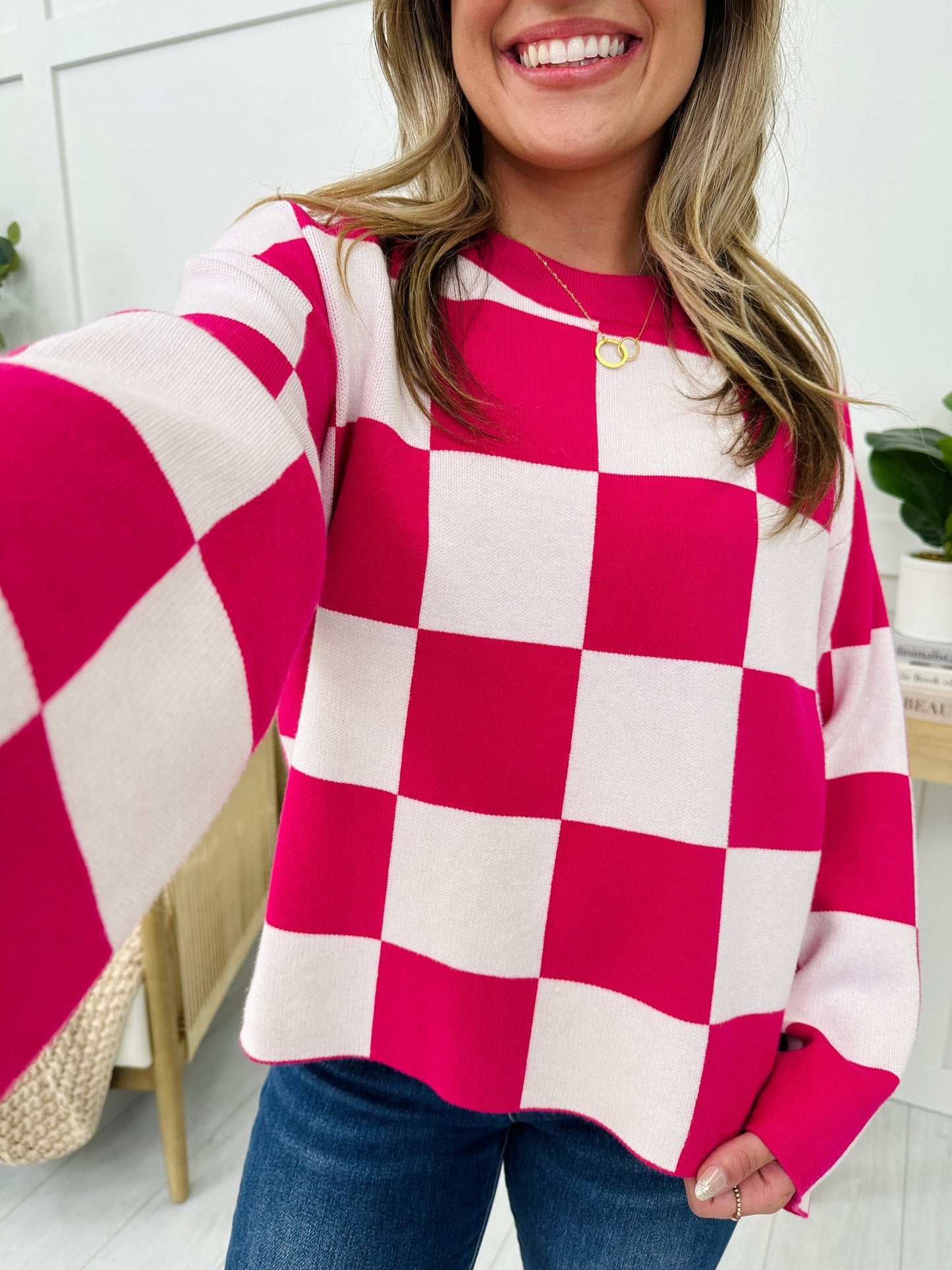 New Women's Loose Sweater Checkerboard Print Long Sleeve Pullover