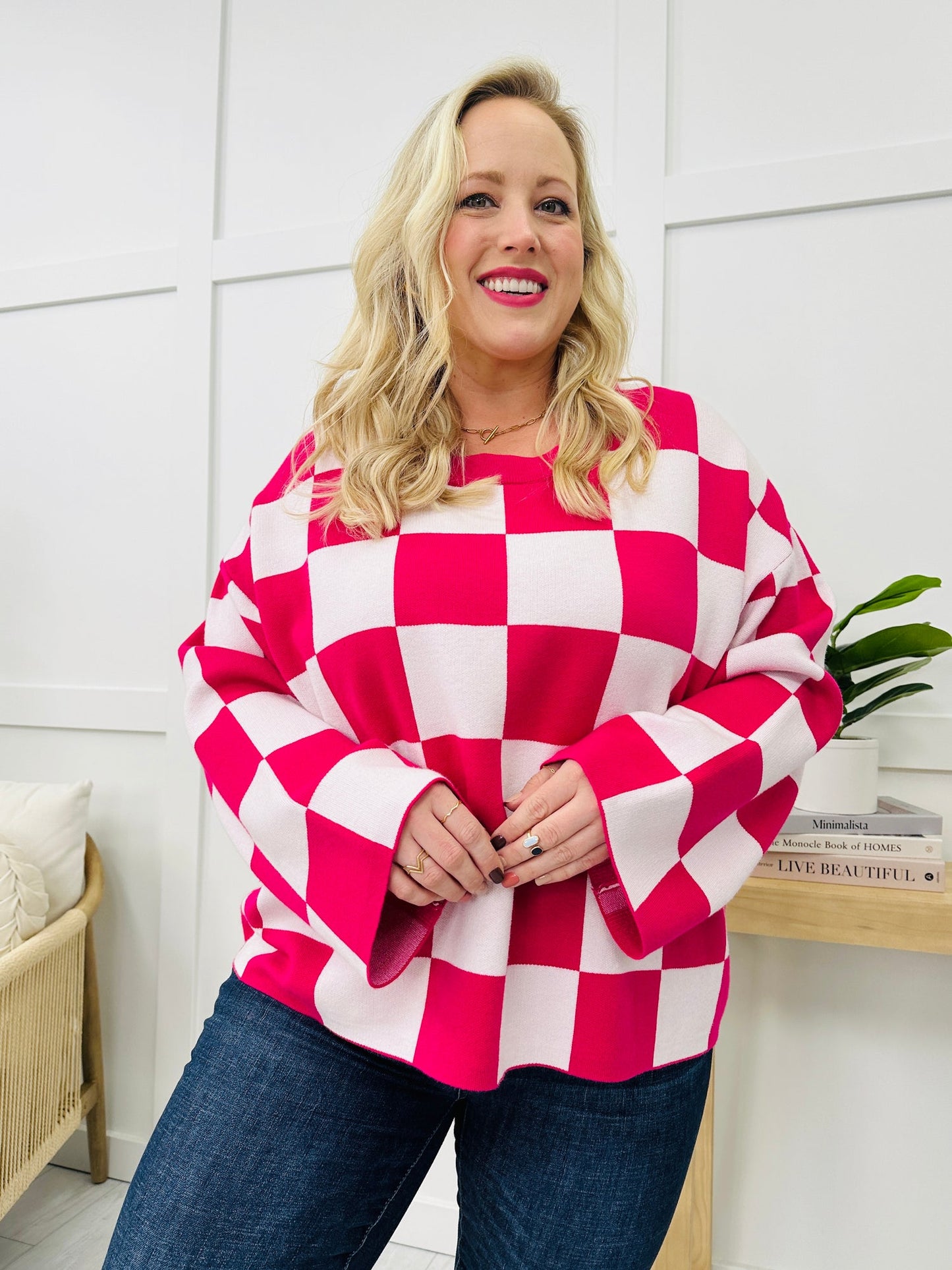 New Women's Loose Sweater Checkerboard Print Long Sleeve Pullover
